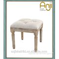 Carved Antique Finish Wooden Ottoman Stool, Linen Fabic Cover with buttons for Living Room Chair